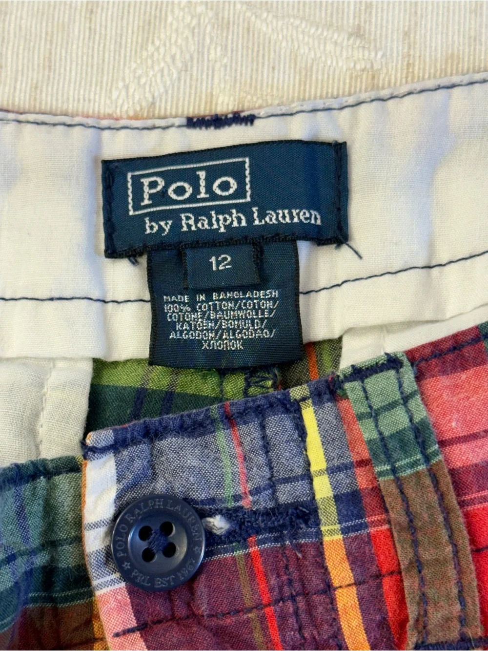 Polo by Ralph Lauren Red Multi Plaid Boys Size 12 Flat front Long Shorts